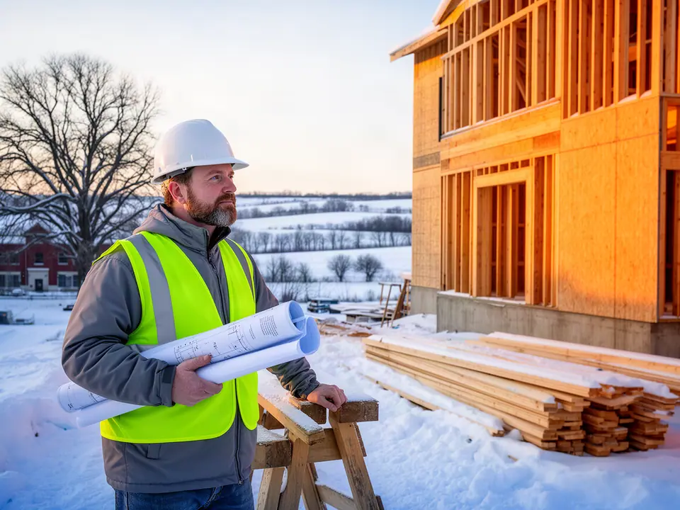 Builder with rolled plans beside new timber framing in fresh snow