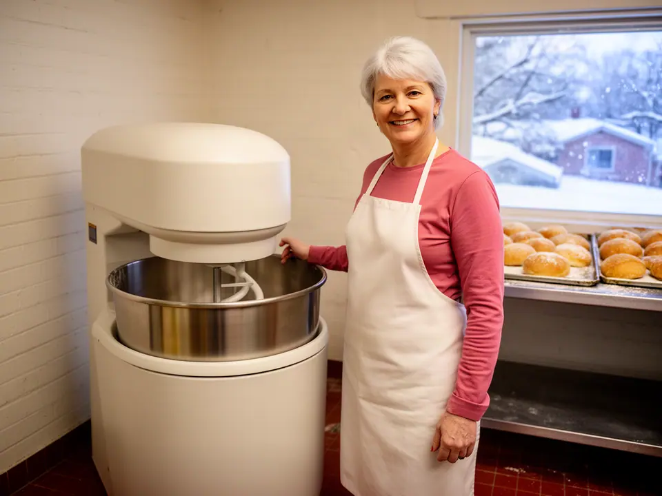 Baker smiling beside her new cream stand mixer with fresh rolls behind