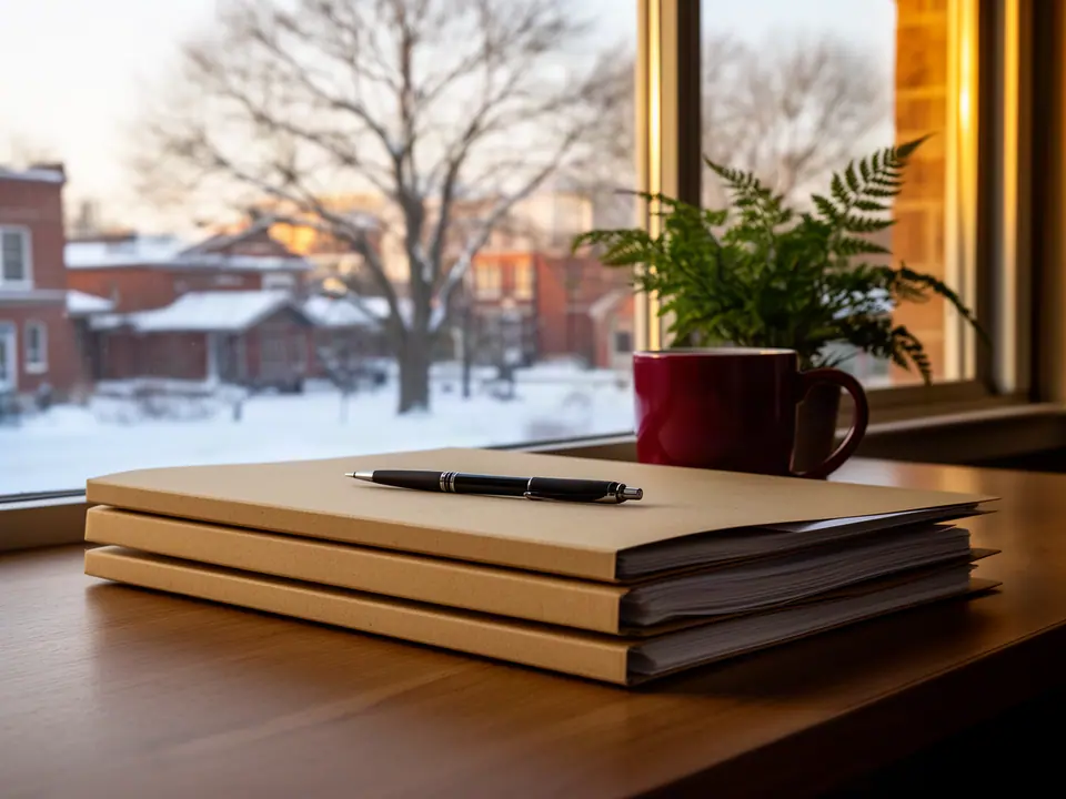 Manila folders, a pen and a red mug by a window onto a snowy brick neighborhood