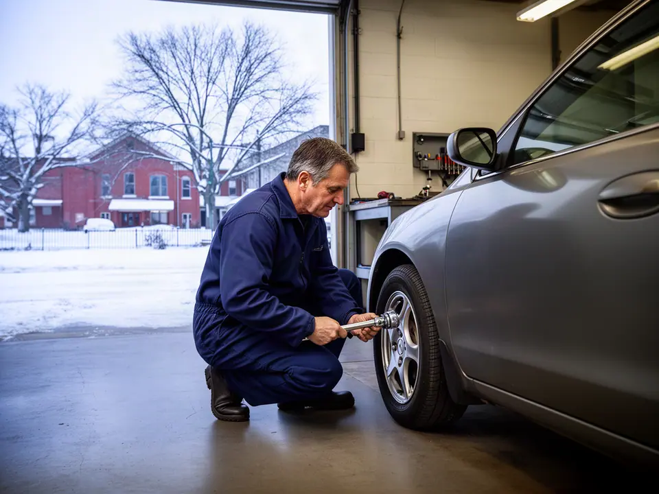 Mechanic crouching to tighten a wheel nut, a snowy street through the bay door