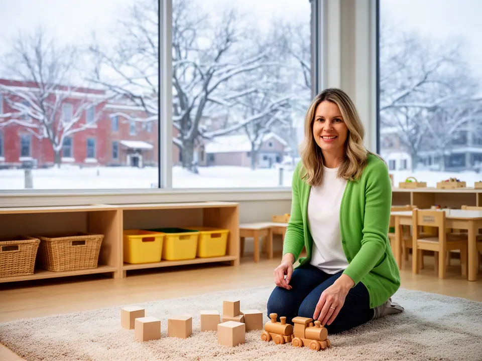Child care owner kneeling on a play rug with wooden blocks and a toy train