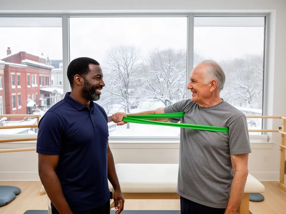 Therapist coaching an older man through a band exercise in a bright clinic