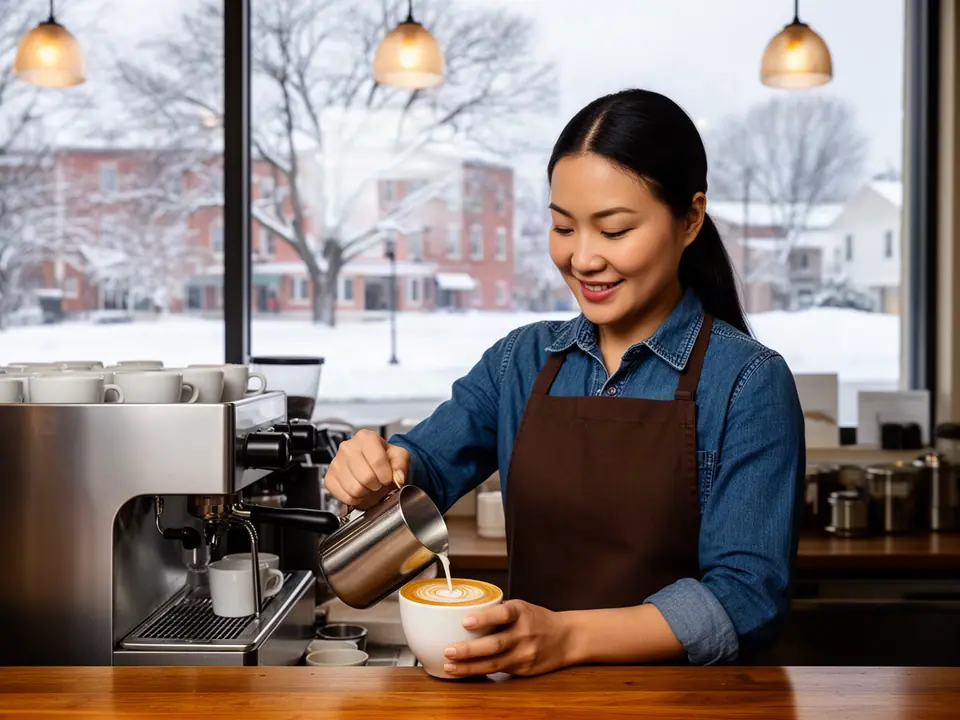 Barista pouring latte art beside a plain steel espresso machine, snowy street outside