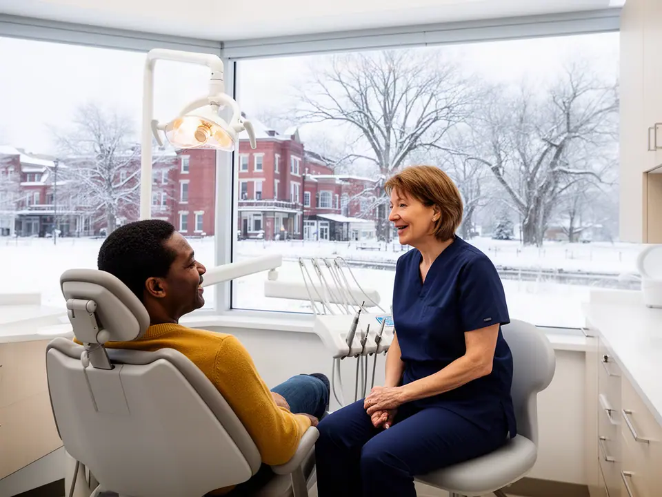 Dentist chatting with a patient in the dental chair before a check-up