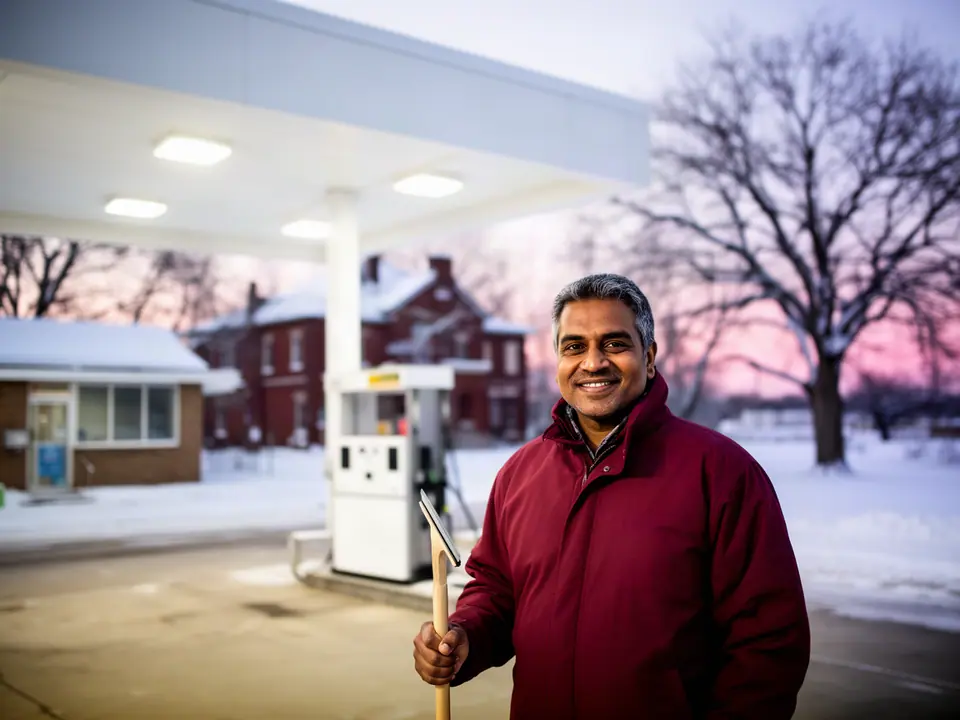 Fuel station owner holding a squeegee on a snowy forecourt at dusk, brick houses behind