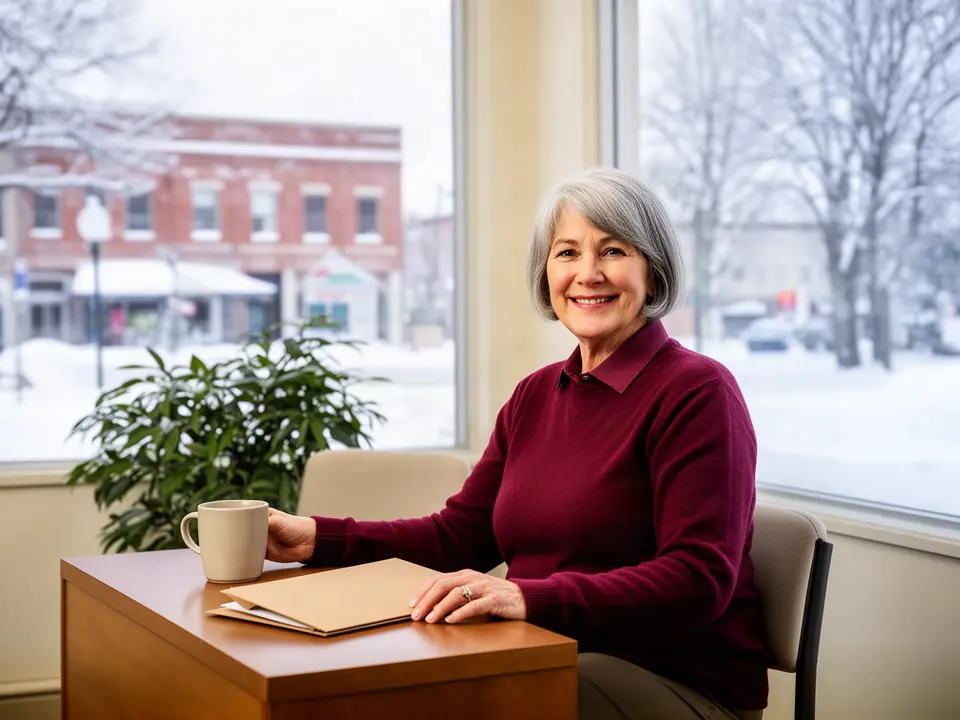Insurance agent smiling at her desk with a folder and mug, a snowy main street outside