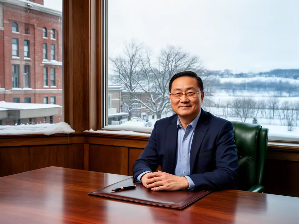 Attorney seated at a walnut desk with a leather portfolio, snowy town outside