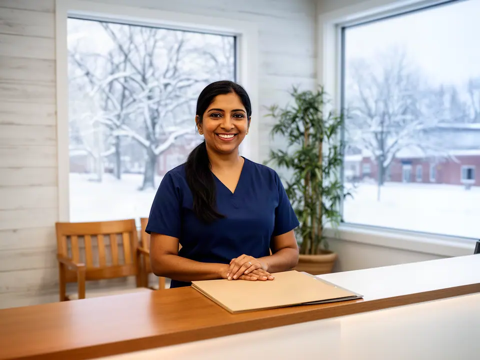 Clinic office manager in navy scrubs smiling at the reception counter, snow outside