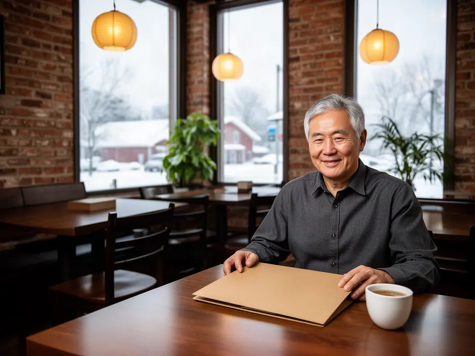 Restaurant owner seated with a folder and coffee in a brick dining room on a snowy day