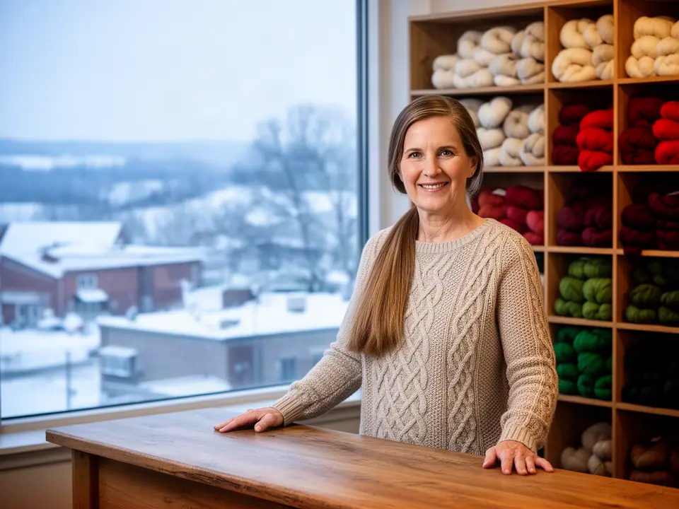 Yarn shop owner in a cable-knit sweater at her counter, cubbies of yarn behind