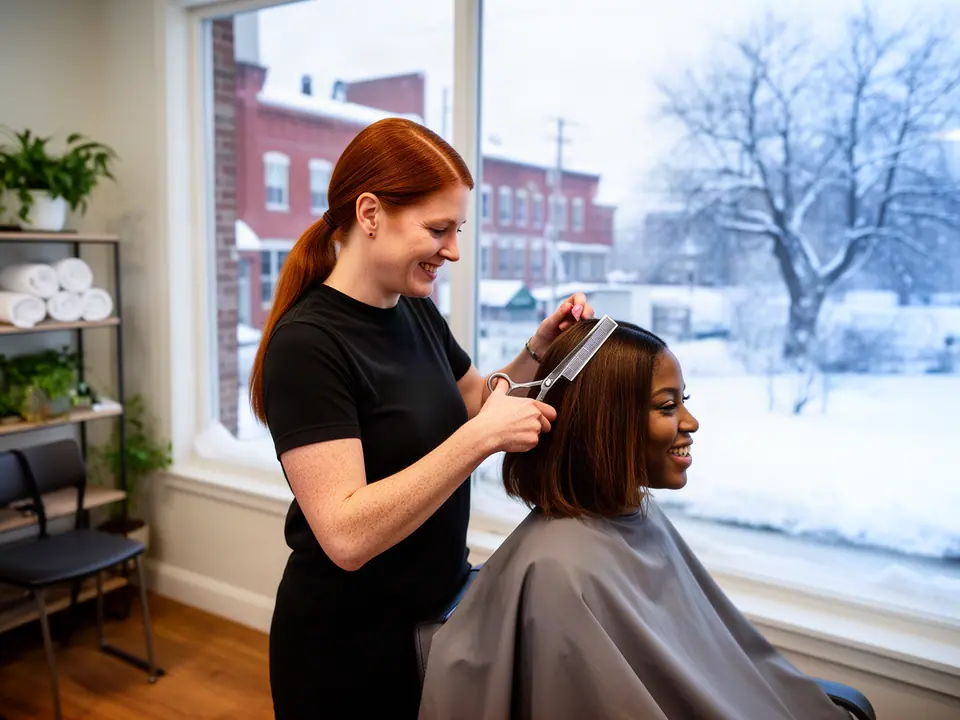 Stylist with a red ponytail trimming a client's hair by a snowy window