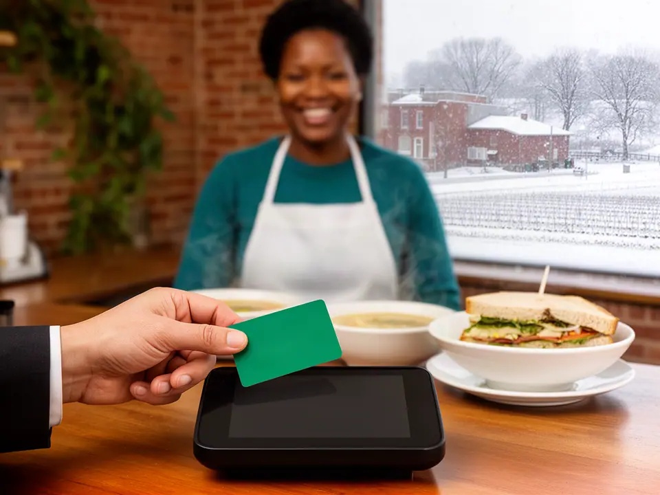 Customer tapping a green card on a terminal at a soup-and-sandwich counter